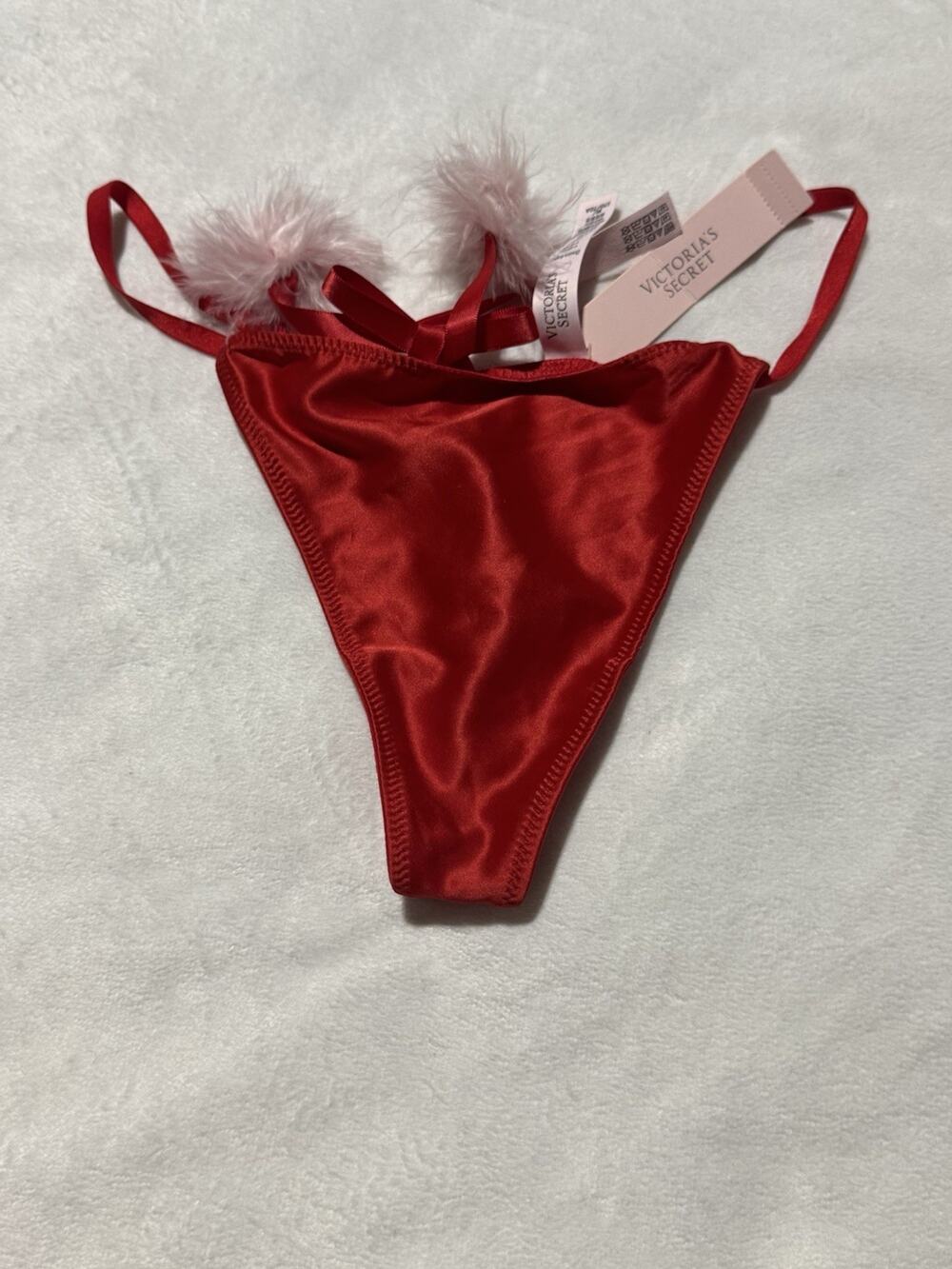 Victoria's Secret Red Satin Pom-Pom V-String Panty NWT Holiday Sexy Lingerie